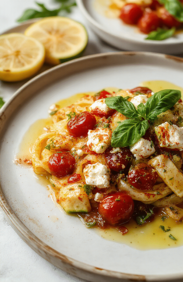 A vibrant plate of baked feta veggie pasta featuring al dente pasta, juicy cherry tomatoes, tender zucchini slices, crumbled feta cheese, and fresh basil leaves, arranged on a rustic white plate with a sprinkle of black pepper and olive oil, styled with natural light highlighting the textures and colors.
