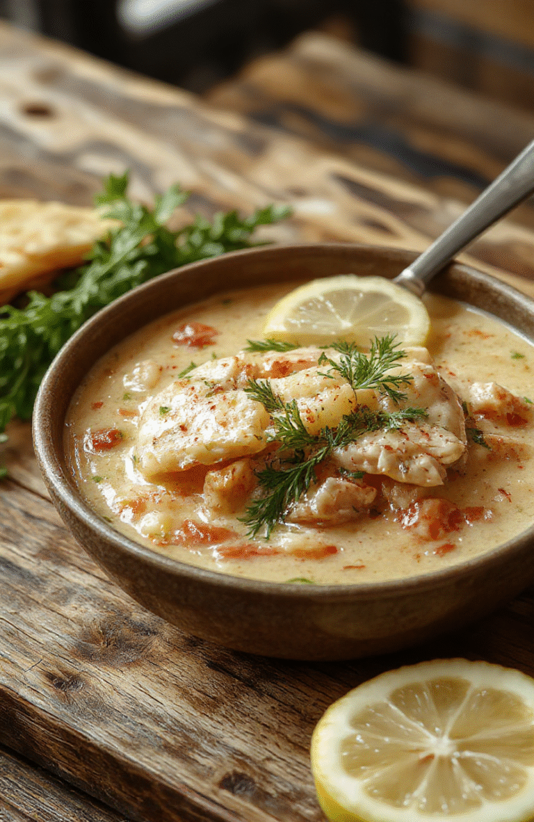 A vibrant bowl of Lemon Chicken Orzo Soup featuring tender chicken chunks, al dente orzo, fresh lemon slices, and chopped herbs, served in a rustic white bowl on a wooden table with a lemon wedge and parsley garnish, highlighting the warm, bright colors and textured ingredients.
