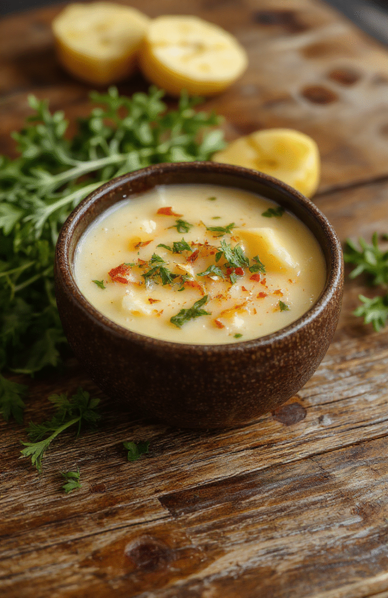 A steaming bowl of cheesy cheddar garlic herb potato soup garnished with fresh herbs, with a rustic wooden background, showcasing creamy texture, melted cheese, and chunks of potatoes, styled with a sprinkle of herbs for an inviting, hearty presentation.