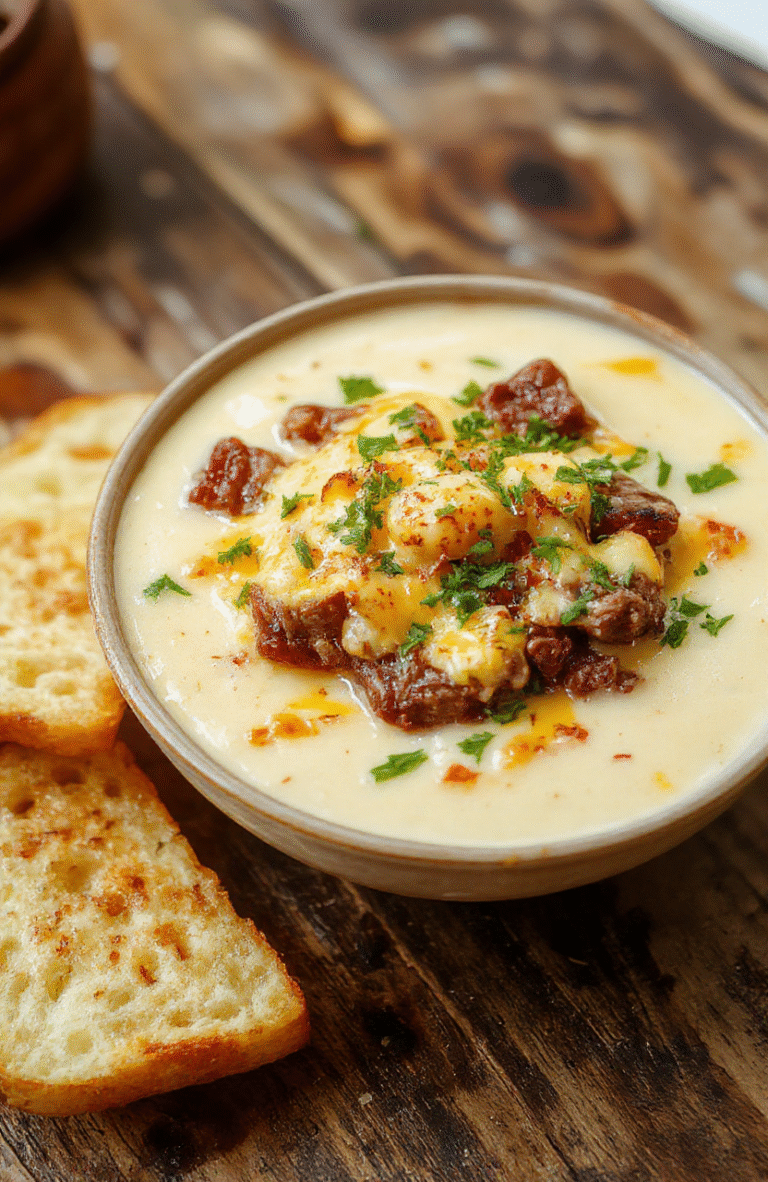 A vibrant bowl of cheesy cheesesteak potato soup topped with melted cheese, chopped green onions, and crispy bacon bits, served in a rustic bowl with a spoon resting on the side. The soup has a rich, creamy texture with tender pieces of steak and potatoes visible, garnished with fresh herbs on a cozy wooden table backdrop.