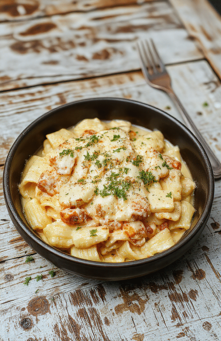 A vibrant plate of cheesy, creamy Parmesan chicken pasta featuring tender pasta coated in a rich sauce, topped with golden browned chicken chunks and garnished with fresh parsley. The dish sits on a neutral-colored plate, styled with a rustic wooden table background, highlighting the glossy sauce, melted cheese, and crispy chicken pieces in inviting detail.