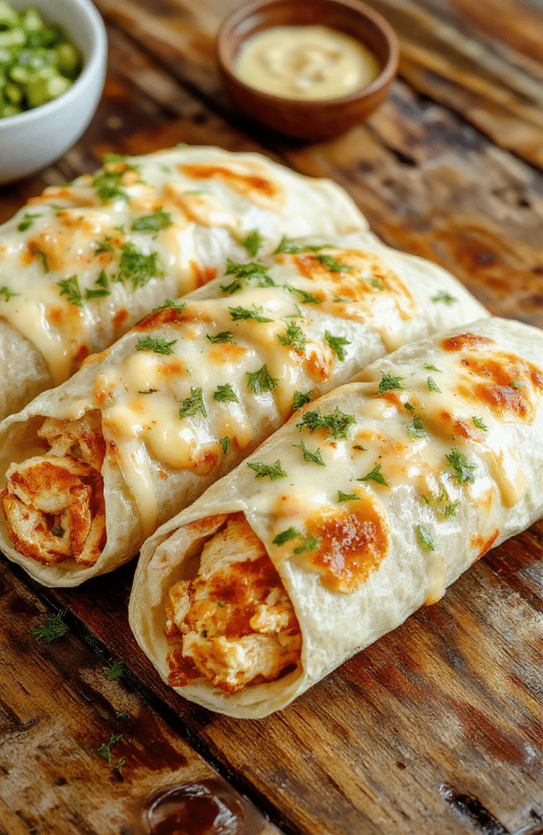 A vibrant plate of cheesy garlic chicken wraps with golden-brown chicken slices, melted cheese, fresh chopped herbs, and crispy lettuce, presented on a rustic wooden table with a light background and natural daylight highlighting the textures and colors.