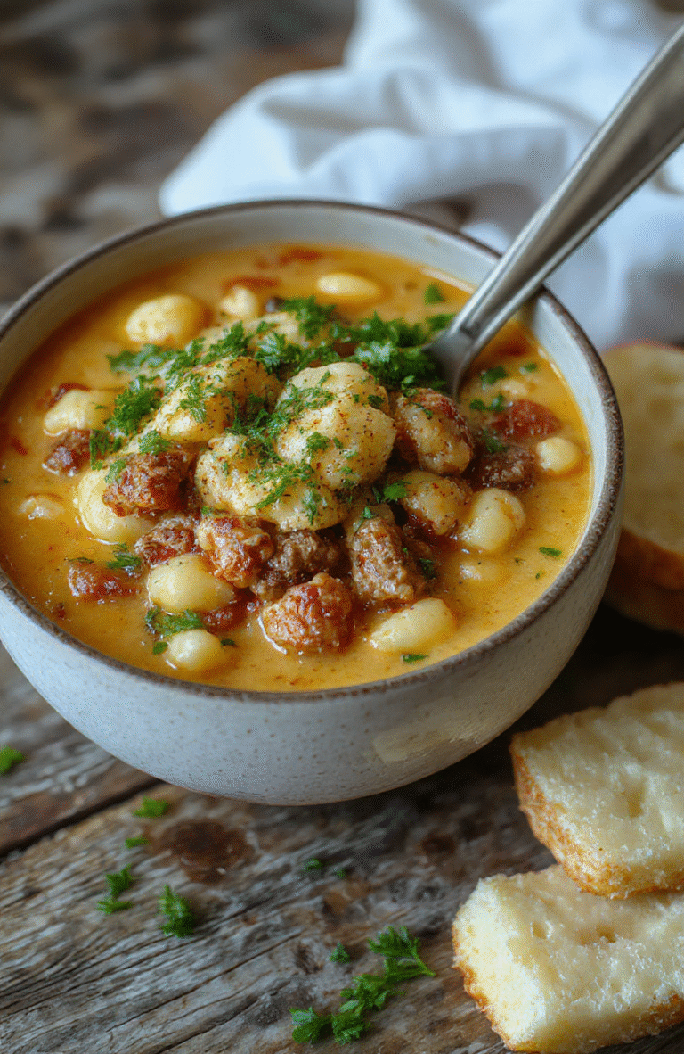 A colorful bowl of cheesy macaroni cheeseburger soup featuring tender pasta, ground beef, melted cheese, and fresh herbs, styled on a rustic wooden table with a spoon and a sprinkle of cheese on top, showcasing rich textures and vibrant colors.