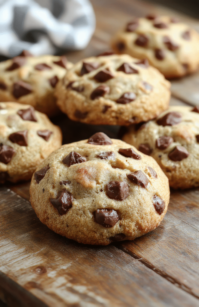 A plate of freshly baked chewy and soft chocolate chip cookies with golden edges, studded with melty chocolate chips, arranged on a rustic wooden surface with a few cookies overlapping, capturing the warm, inviting texture and rich chocolate appearance, soft natural light highlighting their moist interior and slightly glossy chocolate chips.