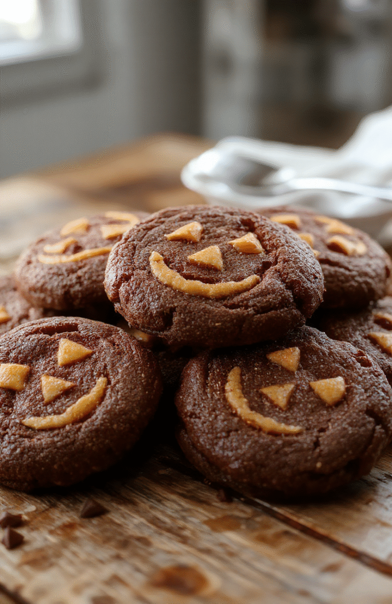 Colorful jack-o'-lantern shaped cookies with a glossy milk chocolate exterior, featuring carved pumpkin faces, arranged on a rustic wooden platter with fall-themed accents