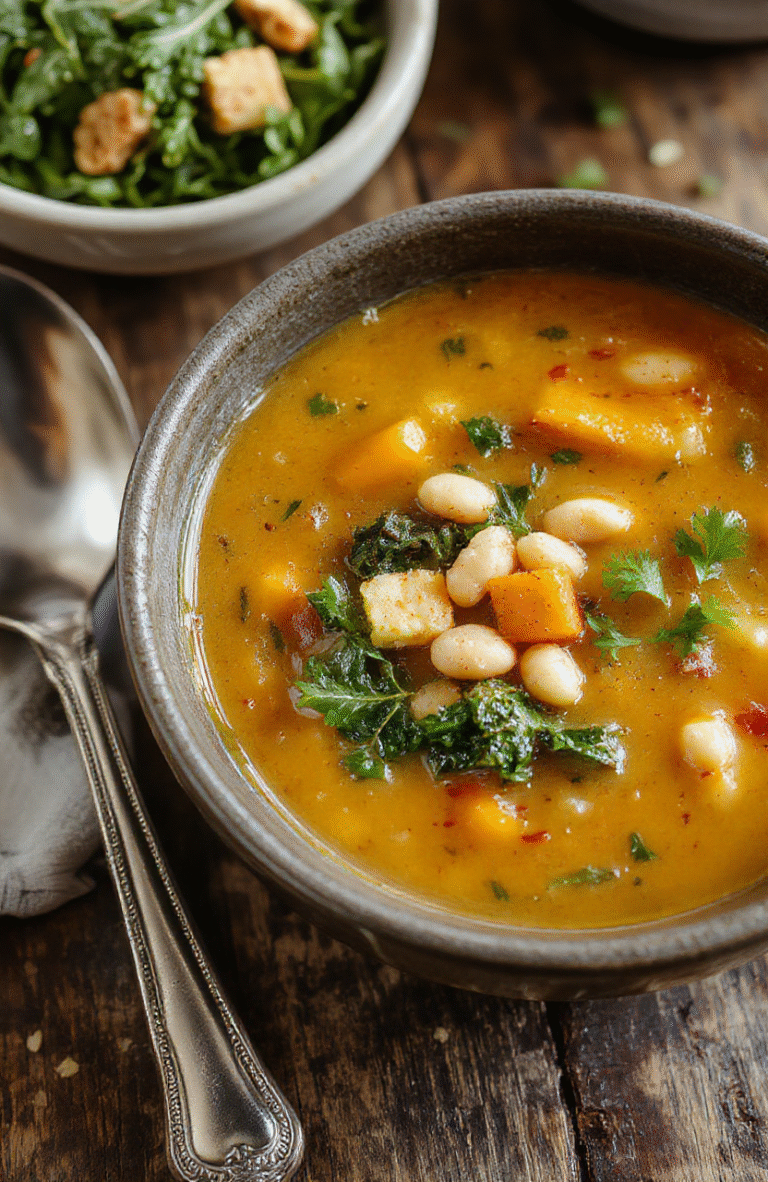 A warm bowl of creamy butternut squash, kale, and white bean soup garnished with a sprinkle of herbs, served on a rustic wooden table with a soft-focus background.