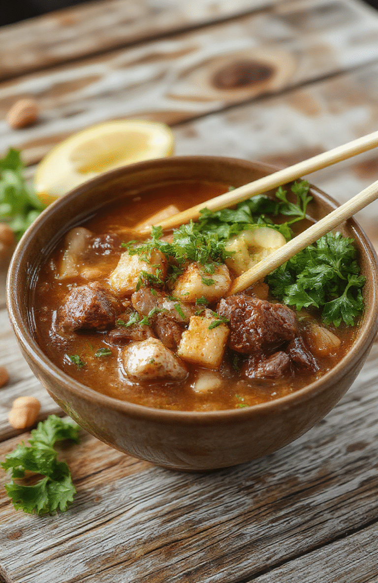 A steaming bowl of beef ramen featuring tender beef slices, soft boiled eggs, green onions, and rich broth, arranged on a rustic wooden table with chopsticks and garnished with fresh herbs, vibrant colors and textures emphasizing warmth and comfort.