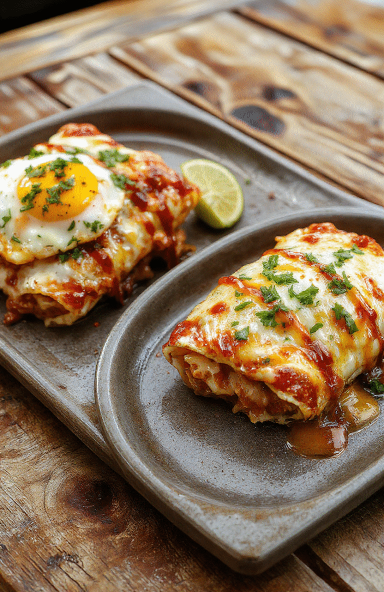 A vibrant plate of breakfast enchiladas topped with melted cheese, garnished with fresh cilantro, served alongside warm salsa, on a rustic wooden table, highlighting textures and colors of the dish.