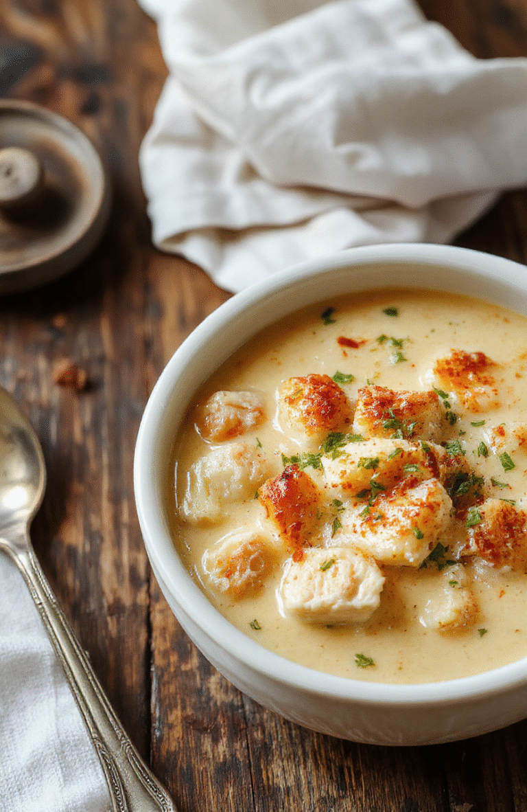 A warm bowl of chicken pot pie soup with golden crust crumbs, tender chicken pieces, diced vegetables, and creamy broth garnished with fresh herbs, styled on a rustic wooden table with a cozy background.