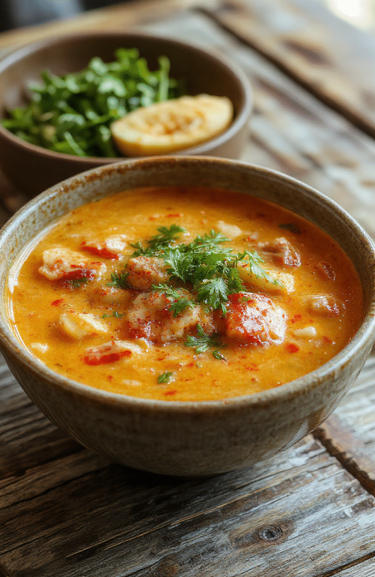 A vibrant bowl of Thai red curry noodle soup featuring a rich red curry broth, wide rice noodles, tender pieces of chicken, colorful bell peppers, and fresh cilantro, served on a rustic wooden table with a splash of coconut milk drizzled on top and garnished with lime wedges.