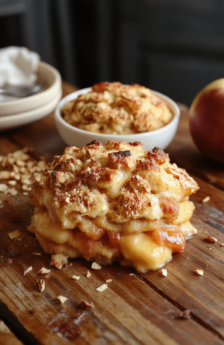A warm, golden apple crisp in a rustic white baking dish topped with a crispy, buttery oat streusel, surrounded by cinnamon sticks and fresh apple slices on a wooden table, softly lit with natural daylight, emphasizing the inviting textures and autumnal colors.
