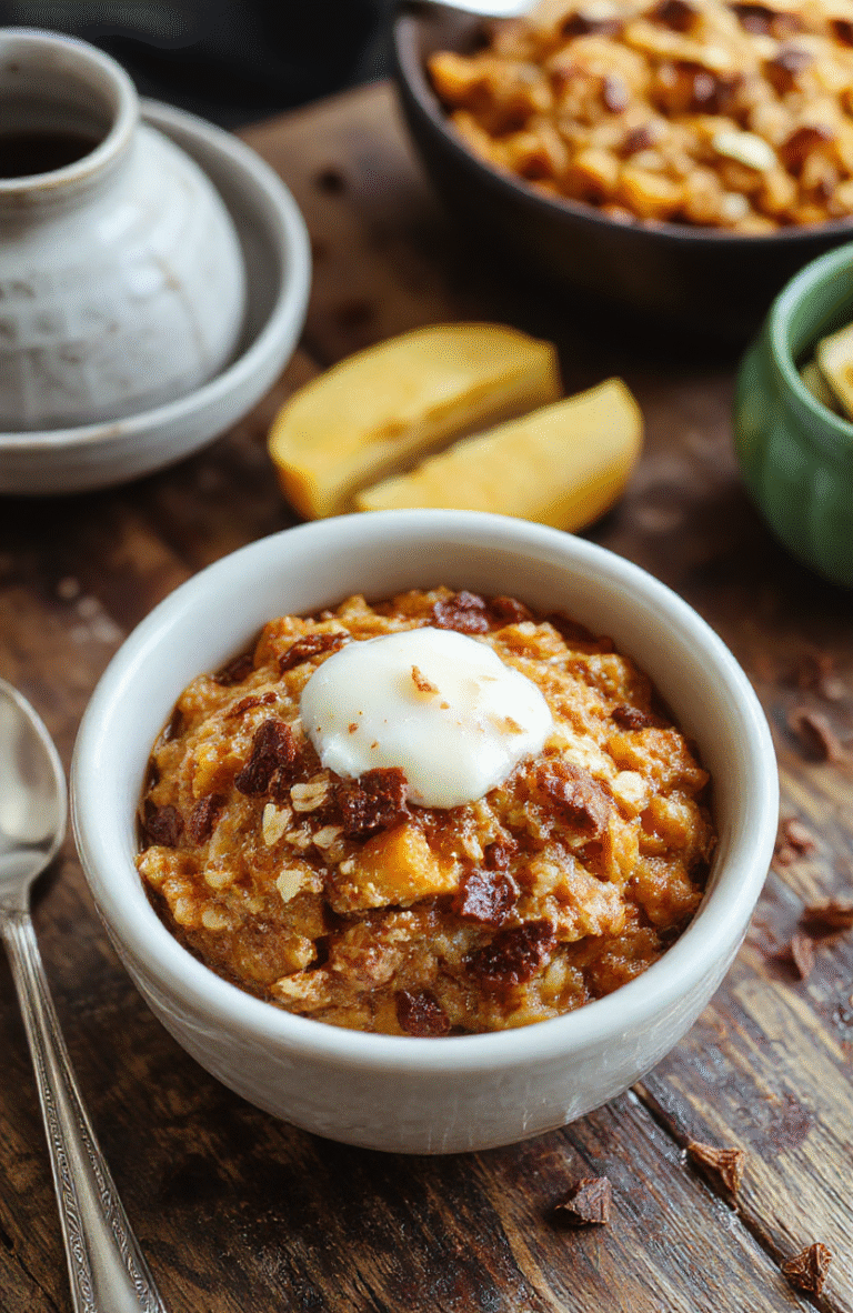 A warm, inviting plate of pumpkin baked oatmeal topped with chopped pecans and a drizzle of maple syrup. The dish is nestled in a rustic white bowl on a wooden table with autumn leaves and a cinnamon stick as decor, highlighting the textures of creamy oats and spiced pumpkin with a cozy fall aesthetic.