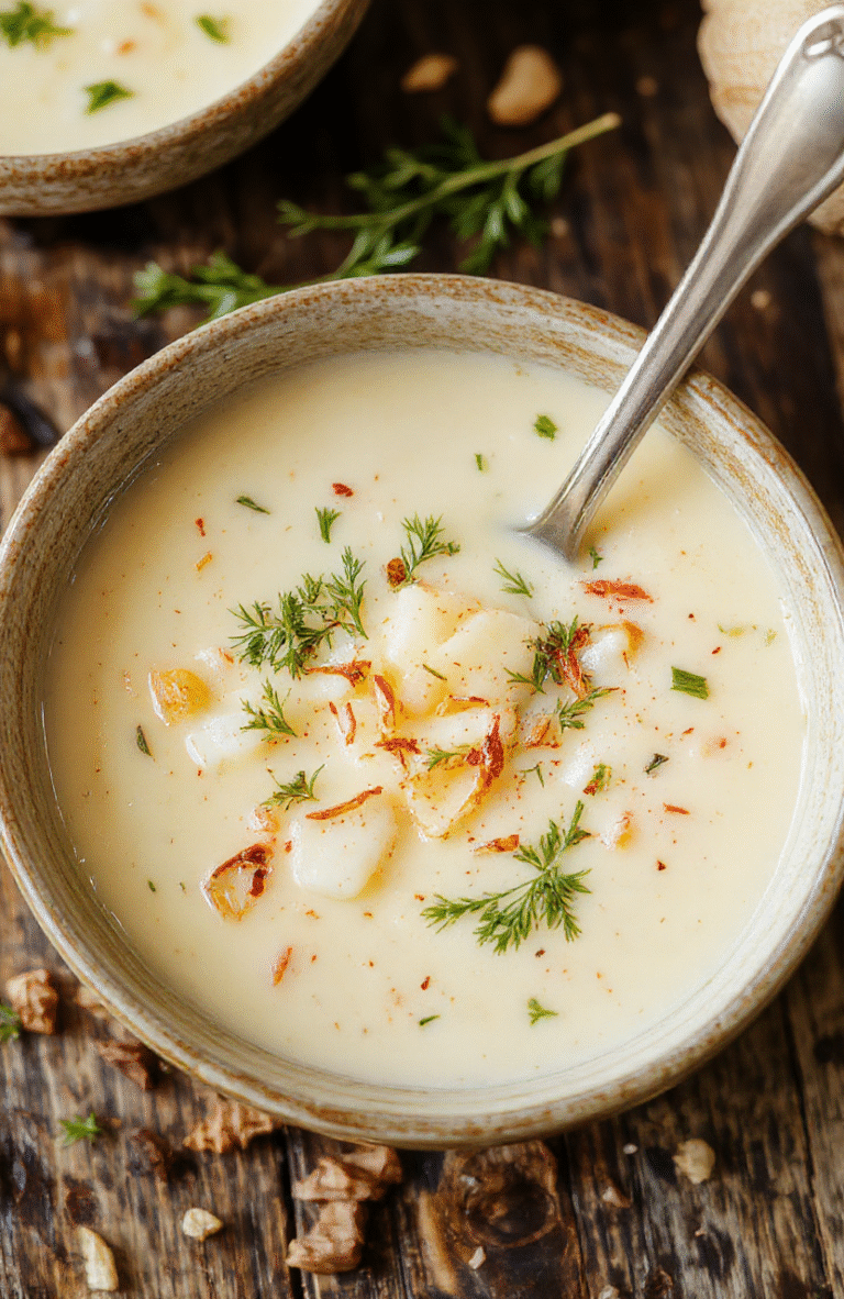 A warm bowl of creamy garlic soup garnished with toasted bread croutons and fresh herbs, served on a rustic wooden table with a creamy swirl on top and a silver spoon nearby.