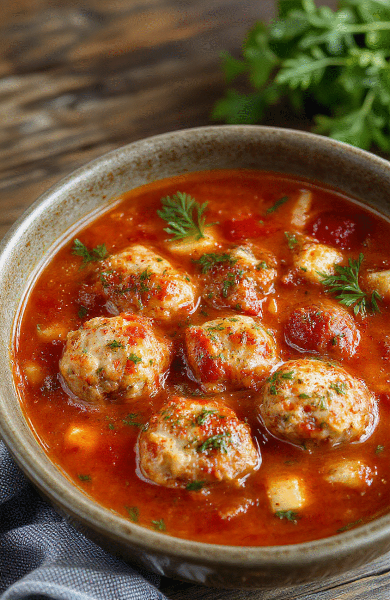 A bowl of hearty Italian meatball soup with rich tomato broth, topped with fresh basil and grated cheese, surrounded by rustic bread slices and fresh herbs, colorful vegetables visible, styled on a wooden table with natural lighting.