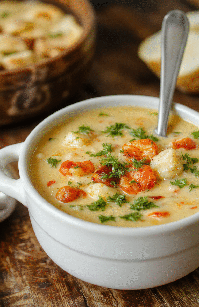 A vibrant bowl of creamy vegetable soup featuring colorful chunks of carrots, celery, and zucchini, topped with fresh herbs and a drizzle of cream, served in a rustic white bowl on a wooden surface styled simply with a linen napkin.