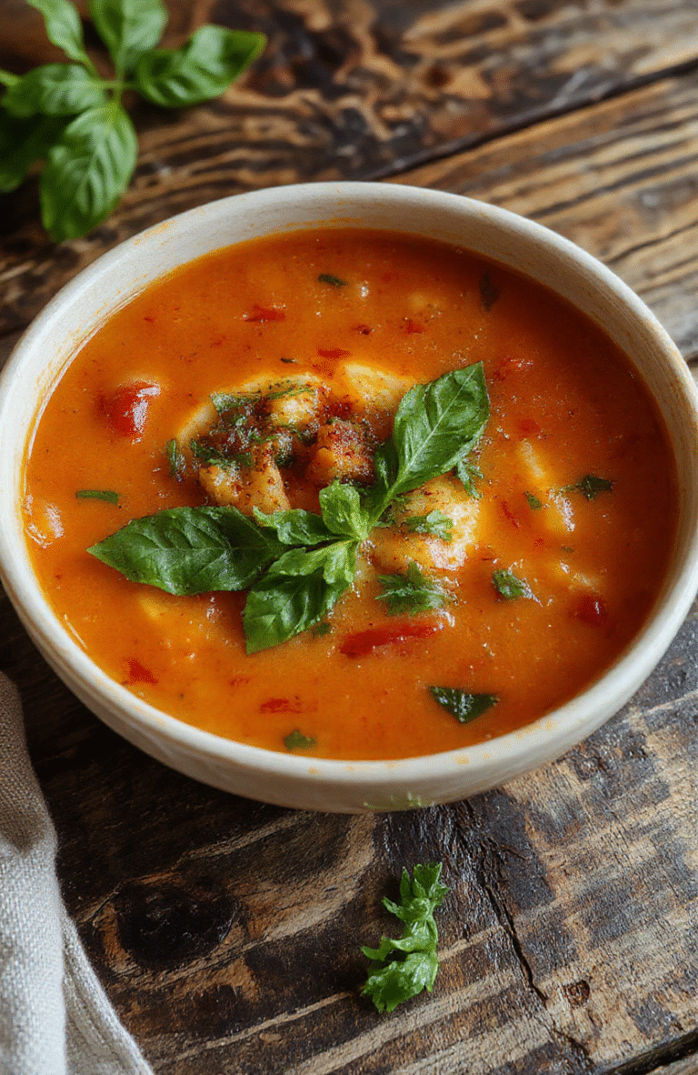 A vibrant bowl of roasted tomato basil soup garnished with fresh basil leaves, served in a rustic white bowl on a wooden surface, with a drizzle of cream and a side of toasted bread, capturing the warm, inviting colors and textures of the soup and fresh ingredients.