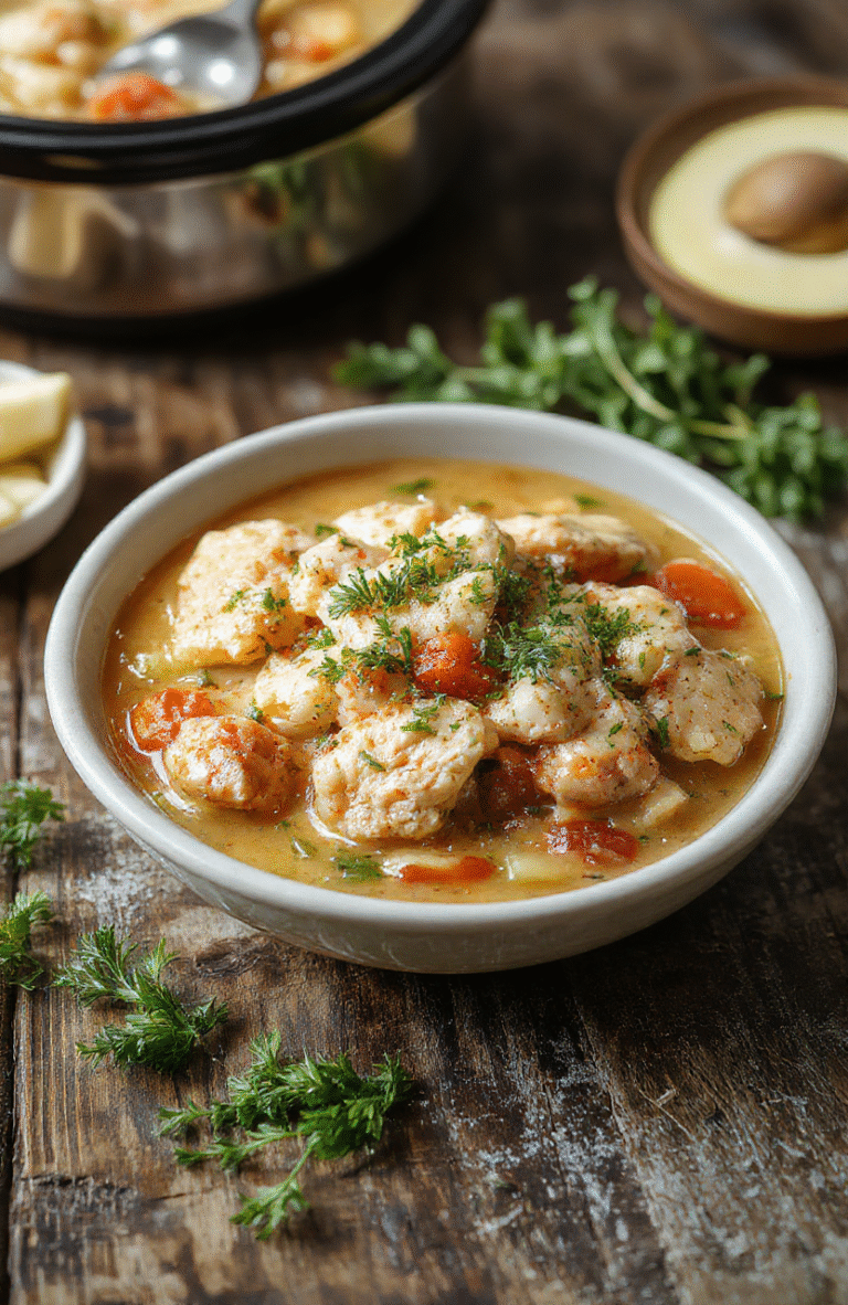 A warm bowl of golden chicken stew with tender vegetables and chunks of chicken, served in a rustic white bowl on a wooden table with fresh herbs and a spoon, steam rising for a cozy atmosphere