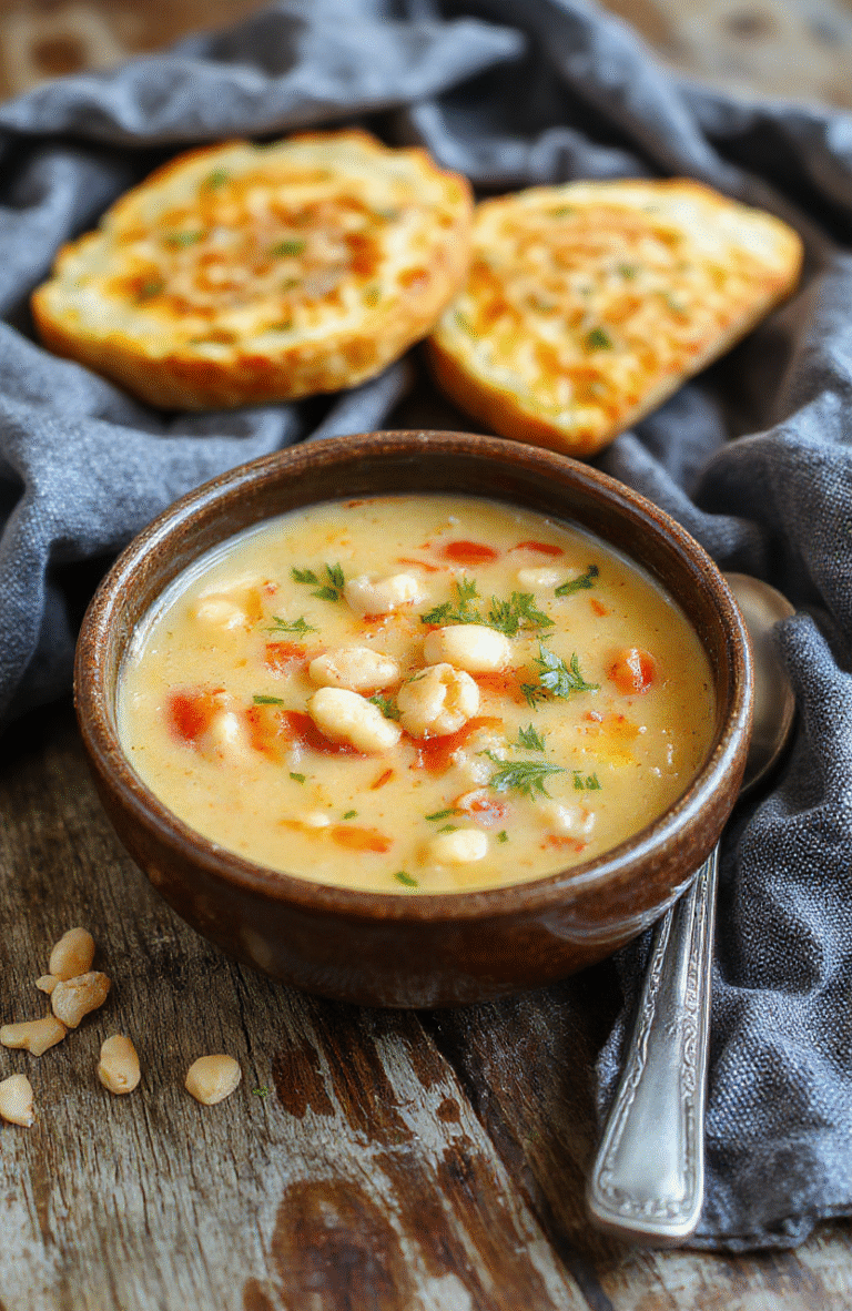 A steaming bowl of creamy Tuscan white bean soup with freshly chopped herbs, drizzled olive oil, and rustic bread slices around on a white ceramic plate, styled on a wooden table with natural daylight highlighting the textures.