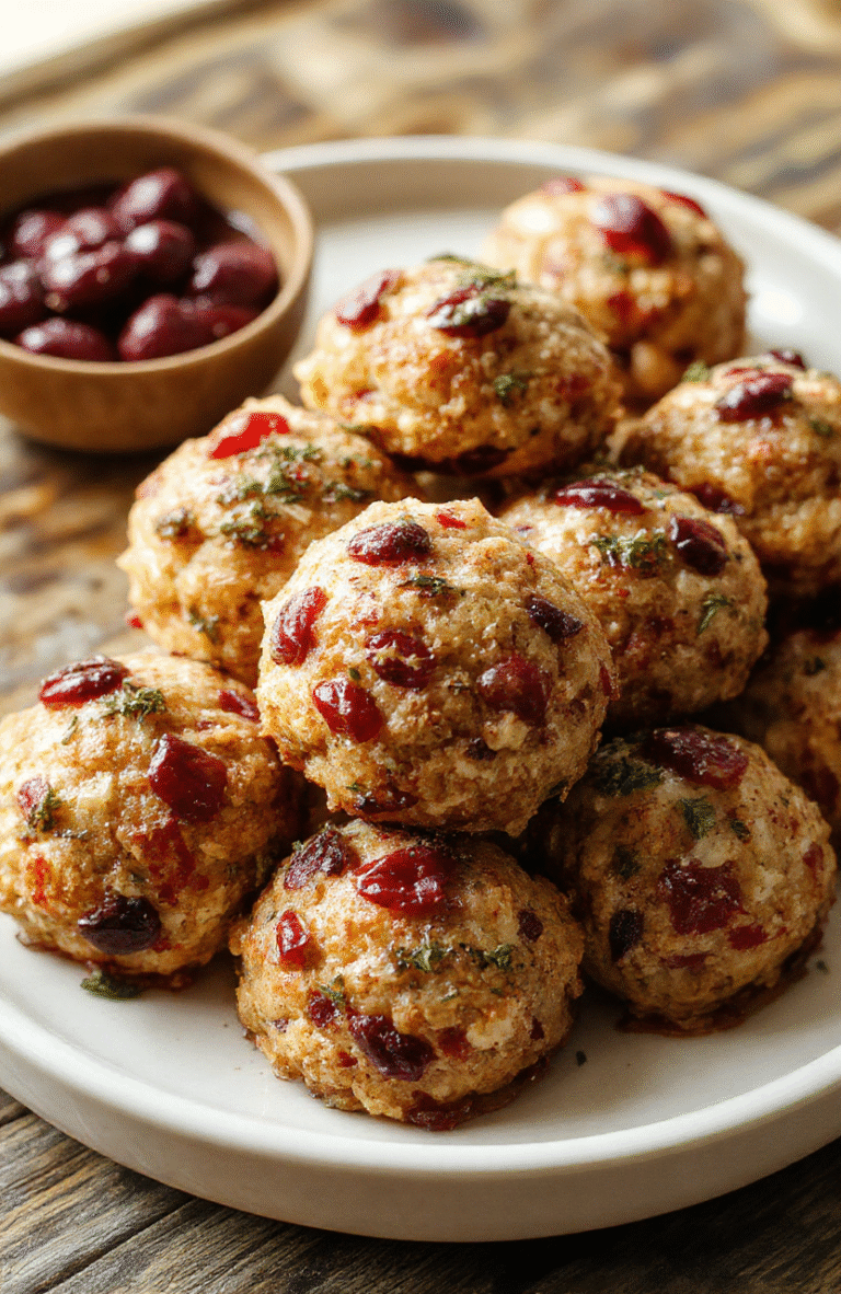 Colorful cranberry turkey stuffing balls arranged on a rustic white platter, garnished with fresh herbs, with a vibrant red and golden brown color palette, showcasing a crispy exterior and moist interior, styled with a festive holiday setting.
