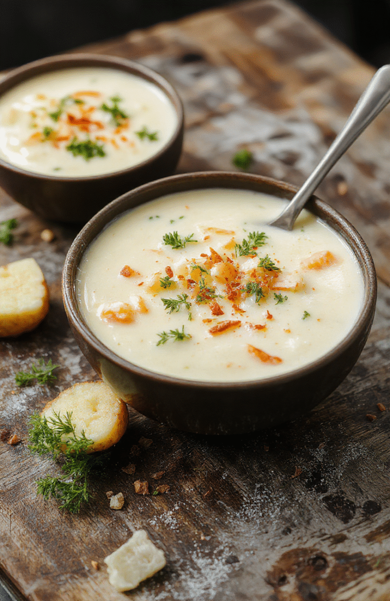 A hearty bowl of Creamy Broccoli Cheddar Potato Soup featuring vibrant green broccoli, melted cheddar cheese, and creamy potato chunks, garnished with fresh herbs, served in a rustic white bowl on a wooden table with a cozy background.