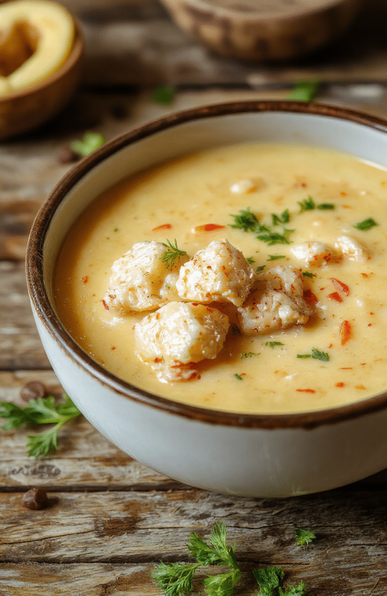 A vibrant bowl of creamy, cheesy crack chicken soup garnished with chopped green onions and shredded cheese, surrounded by rustic bread on a wooden table, steam rising, inviting and comforting.