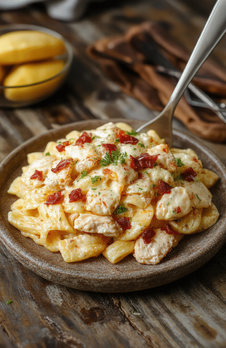 A vibrant plate of creamy chicken bacon ranch pasta topped with crispy bacon pieces and fresh herbs, presented on a rustic wooden surface with a rich, cheesy sauce coating the pasta, styled casually with natural light highlighting the textures and colors.