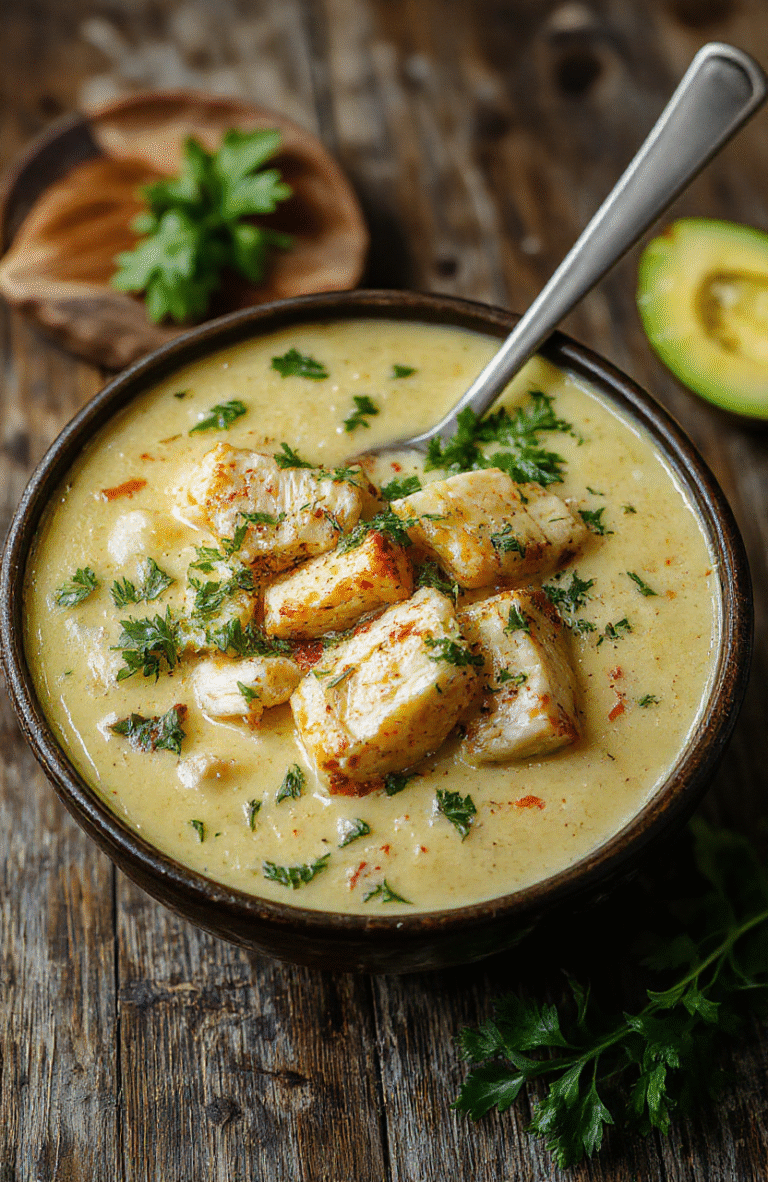 A vibrant bowl of creamy green chicken enchilada soup, topped with shredded chicken, fresh cilantro, and melted cheese, with a spoon resting on the side on a rustic wooden surface.
