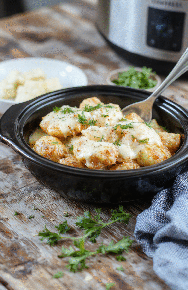 A close-up of a hearty dish featuring tender shredded chicken, crispy roasted potatoes, and a creamy garlic Parmesan sauce, garnished with fresh herbs on a rustic wooden table.