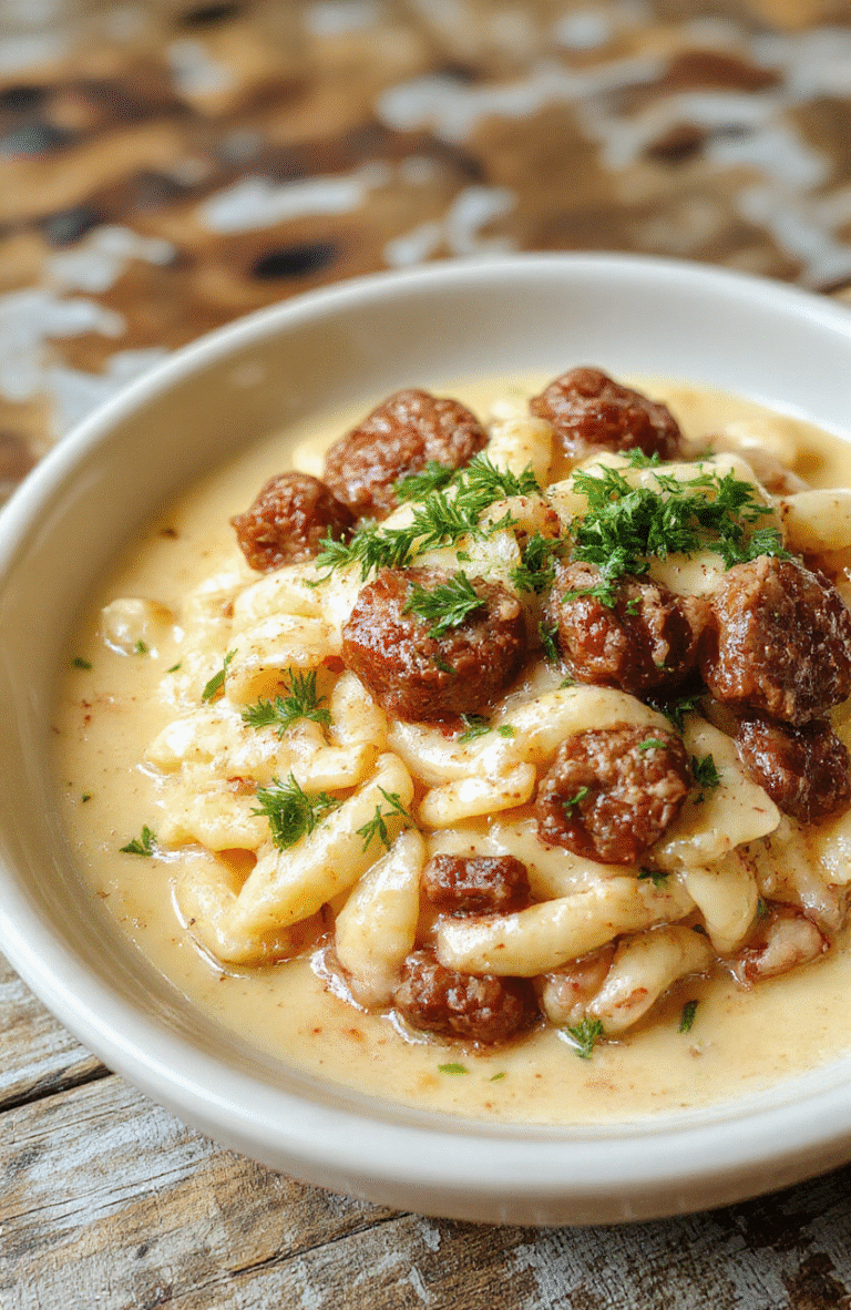 A vibrant plate of creamy Italian sausage orzo featuring tender sausage slices, al dente orzo pasta coated in a rich sauce, garnished with fresh herbs, served on a rustic white plate with a wooden background, styled casually with a sprinkle of cheese and a side of greens.