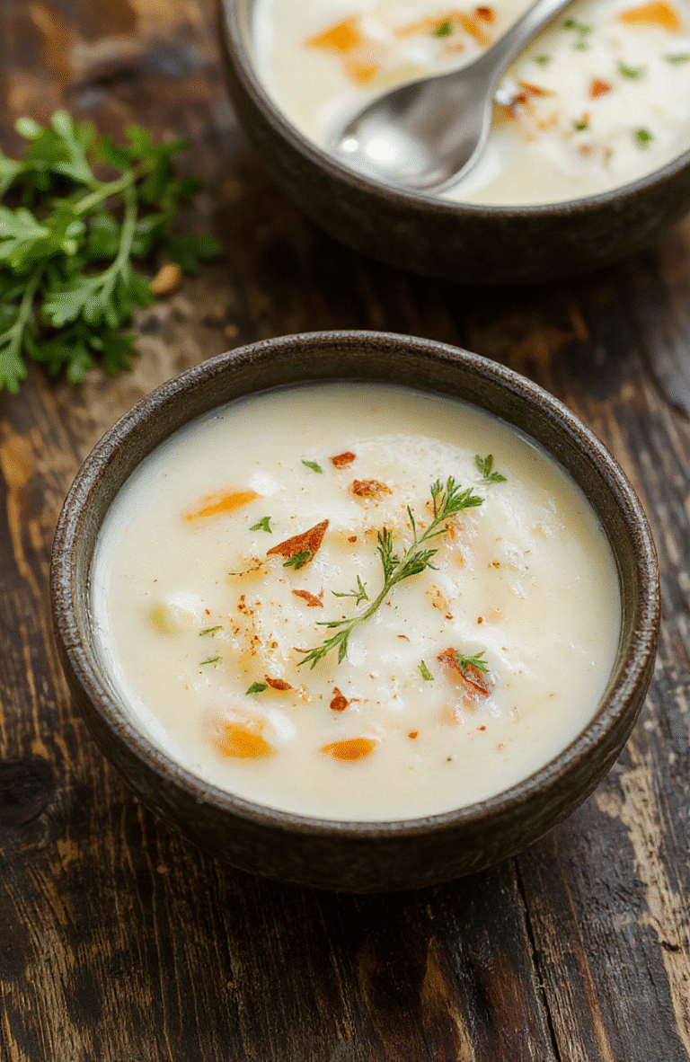 A vibrant bowl of creamy potato soup garnished with fresh herbs, served in a rustic bowl with a textured wooden background, showcasing a smooth, velvety surface and topped with crispy bacon bits and chopped chives, emphasizing warmth and comfort, styled in a cozy kitchen setting.