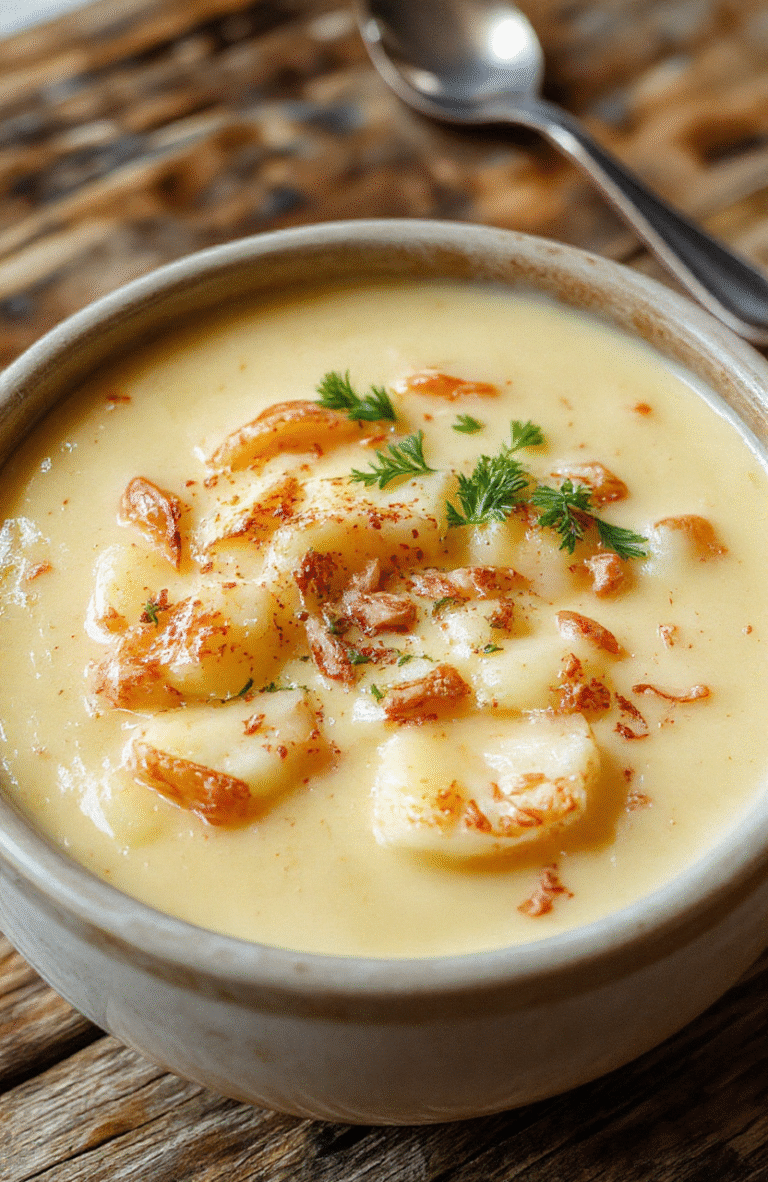 A vibrant bowl of creamy potato soup topped with chopped chives and crispy bacon pieces, served with a slice of toasted bread on a rustic wooden table, steam gently rising, with soft natural lighting highlighting the smooth texture and warm color palette.