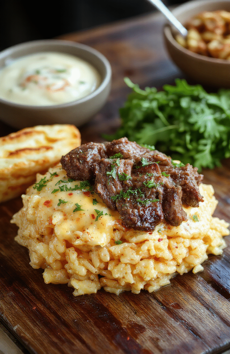 A vibrant plate of creamy queso rice topped with juicy steak strips, garnished with fresh herbs, served on a rustic wooden table with a colorful background, highlighting the rich textures and appetizing presentation.