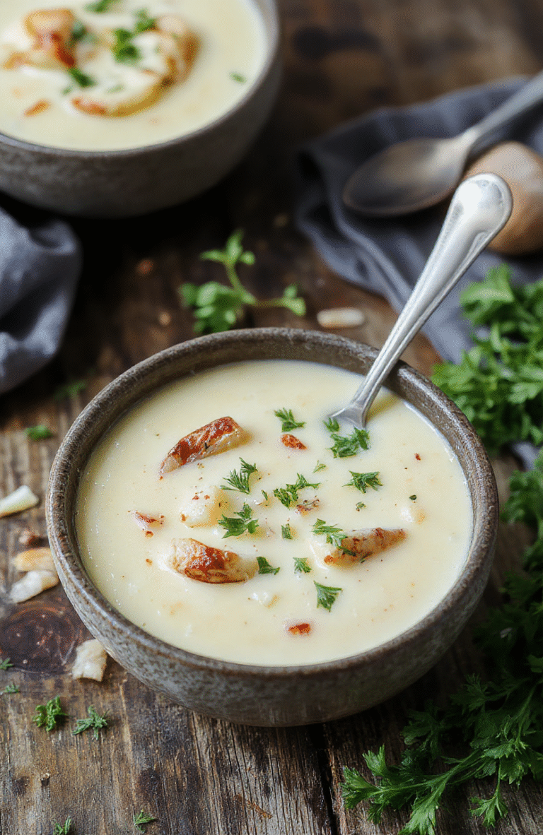 A vibrant bowl of creamy vegan potato soup topped with roasted garlic cloves, fresh herbs, and a drizzle of olive oil, served on a rustic wooden table with a creamy texture and golden roasted garlic accentuating the dish.