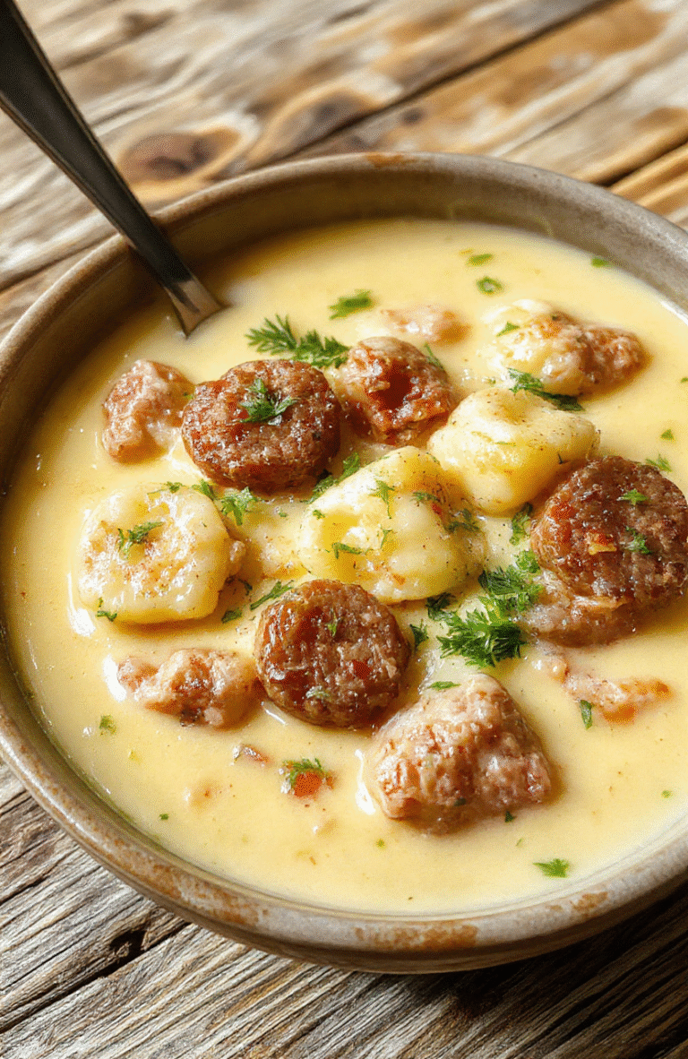 A warm bowl of creamy sausage and tortellini soup garnished with fresh herbs, sitting on a rustic wooden table. The soup has a rich, creamy broth with plump tortellini and slices of sausage, steam rising, with vibrant green herbs providing a color pop.