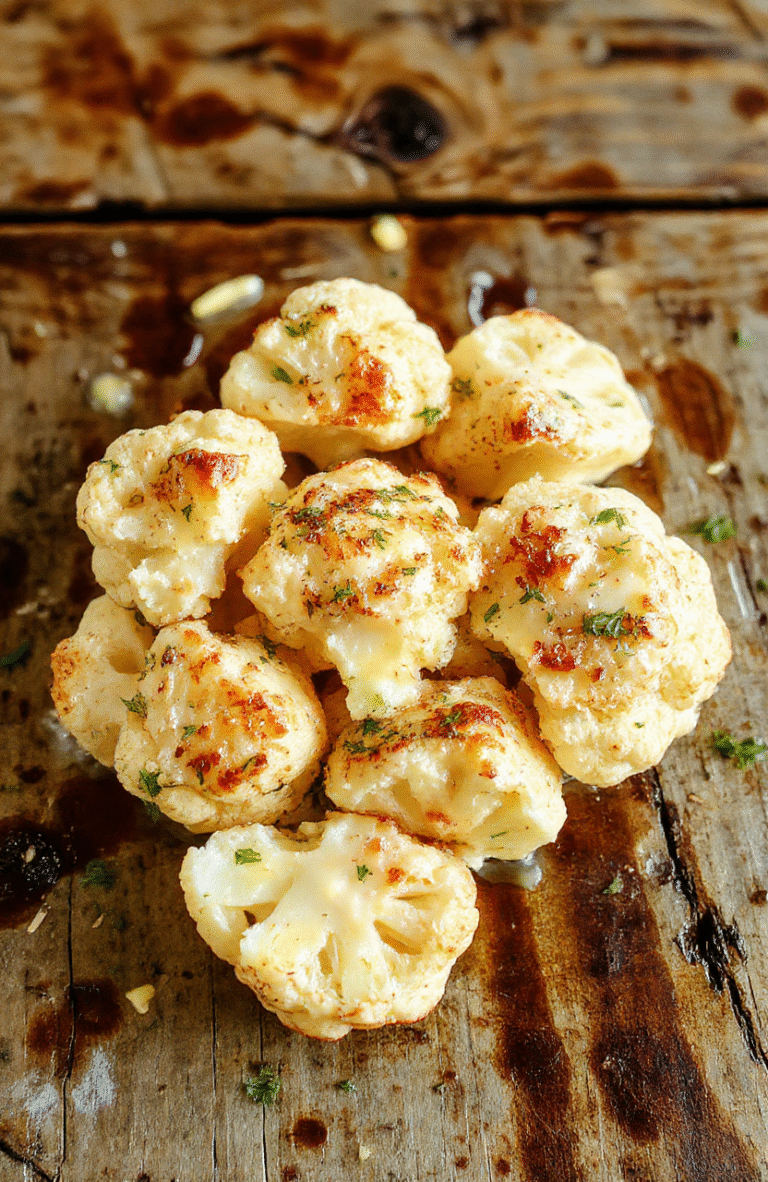 A vibrant plate of creamy vegan butter cauliflower featuring perfectly roasted cauliflower florets coated in a rich, glossy plant-based butter sauce. The dish is garnished with fresh herbs, served on a rustic white plate, with a smooth, creamy texture visible and steam gently rising, styled with a scattering of herbs for a fresh pop of color.
