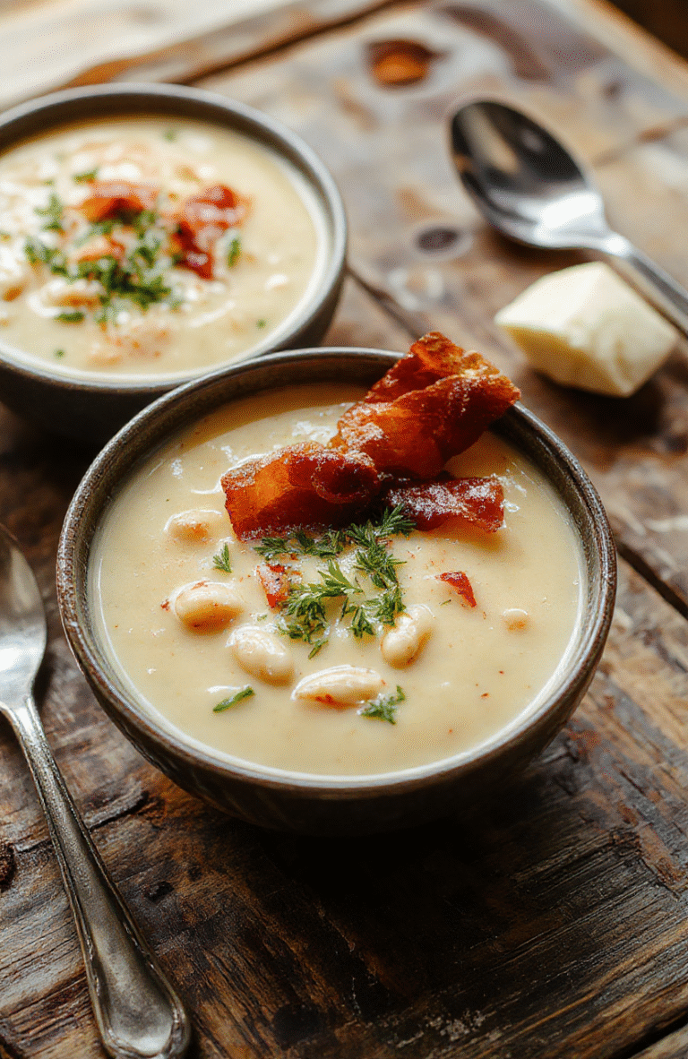 A warm bowl of creamy white bean soup topped with crispy bacon bits, garnished with fresh herbs, served on a rustic wooden table with a spoon and bread in the background.