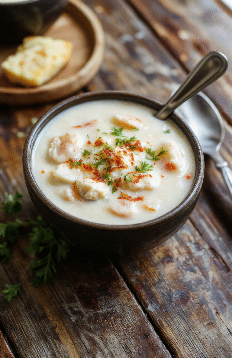 A warm bowl of creamy white chicken chili topped with shredded cheese, cilantro, and diced avocado, served on a rustic wooden table with a spoon and a bread roll in the background, showcasing a hearty texture and vibrant garnishes.