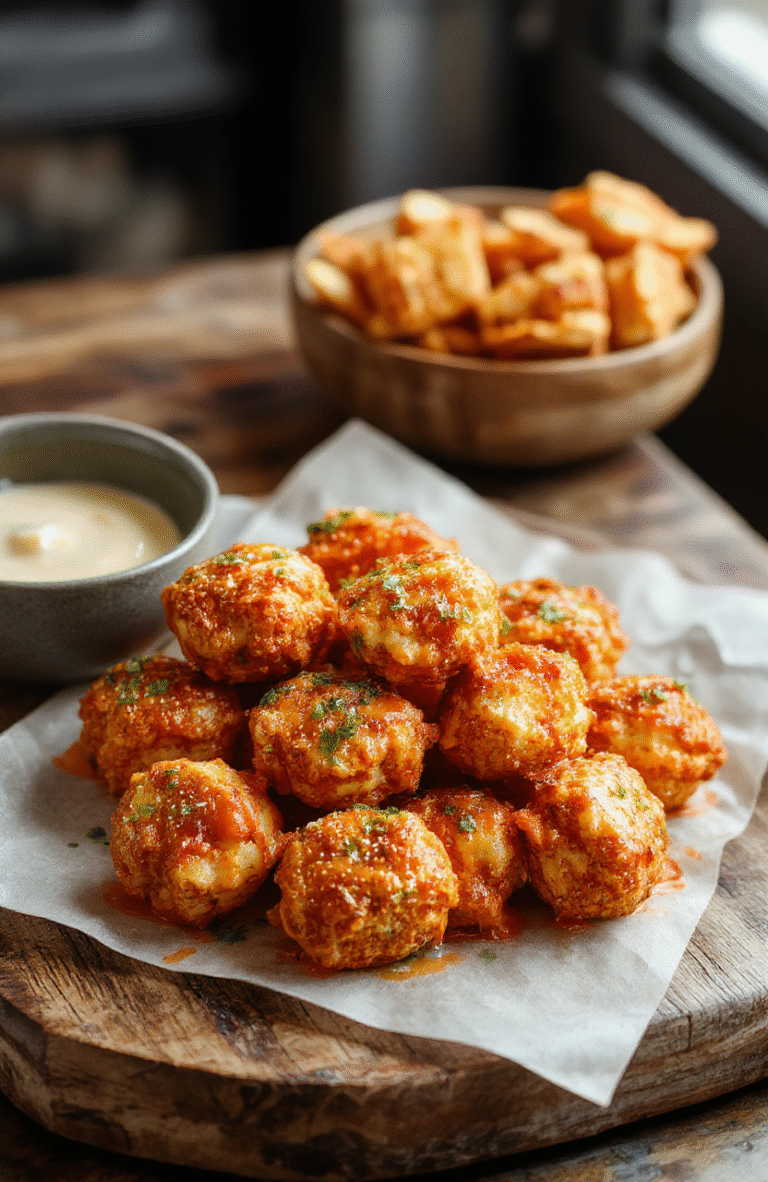 Golden brown crispy buffalo cauliflower bites arranged on a white plate with vibrant red buffalo sauce drizzled over them, garnished with fresh celery sticks, served on a rustic wooden table, with a soft-focus background and natural daylight highlighting textures and colors.