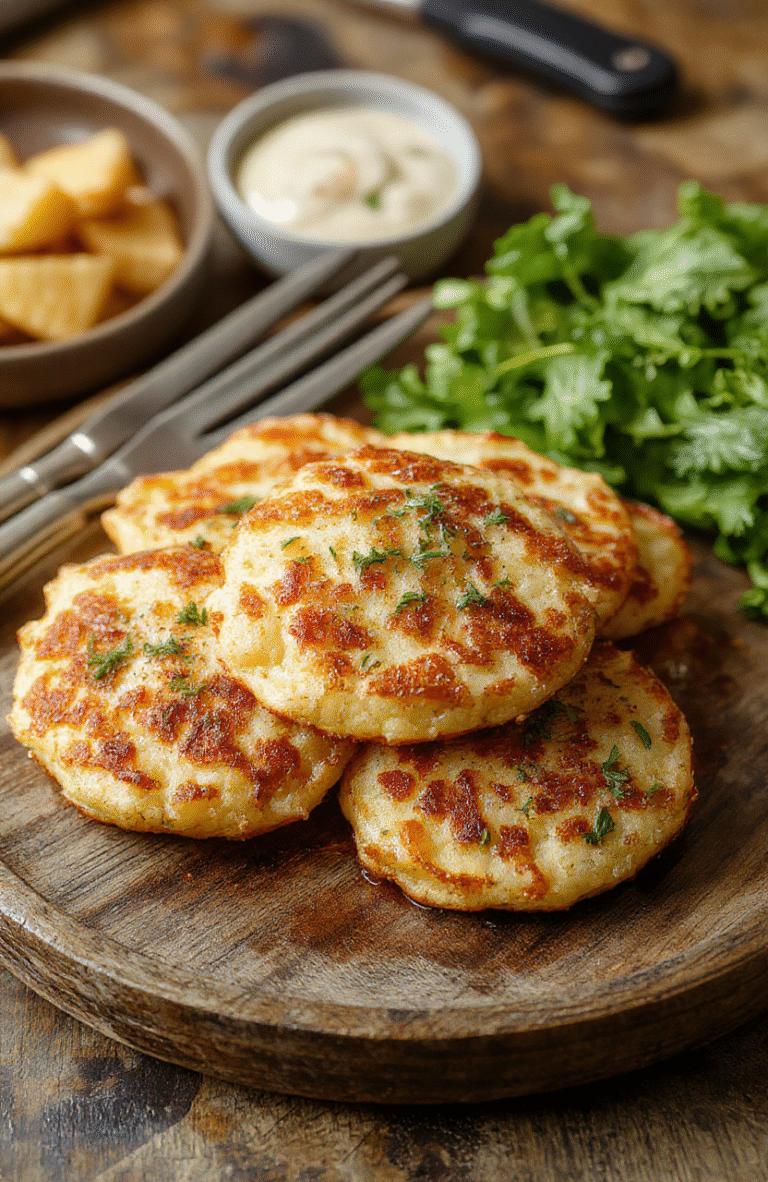 A stack of golden crispy German potato pancakes on a rustic wooden plate garnished with fresh herbs, with a side of sour cream and applesauce, textured crispy edges, and fluffy insides, styled with a vintage cloth and natural daylight