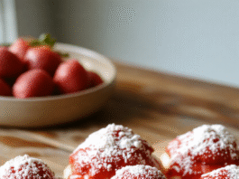 A vibrant plate of golden cream puffs filled with luscious strawberry cream, topped with fresh strawberries and a dusting of powdered sugar, styled elegantly on a rustic wooden table with soft natural light highlighting the textures and colors.