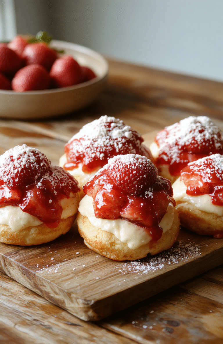 A vibrant plate of golden cream puffs filled with luscious strawberry cream, topped with fresh strawberries and a dusting of powdered sugar, styled elegantly on a rustic wooden table with soft natural light highlighting the textures and colors.