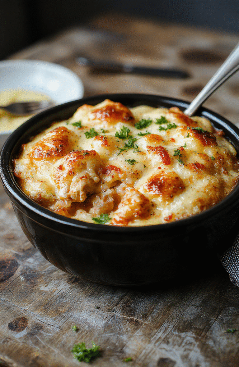A rustic white bowl filled with steaming chicken pot pie, flaky golden crust, tender chicken and vegetable filling visible, garnished with fresh herbs, set on a wooden table with warm ambient lighting.