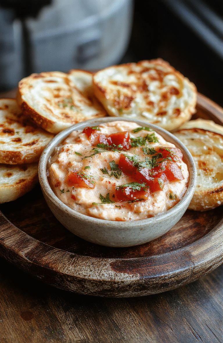 A vibrant bowl of bruschetta dip topped with fresh chopped tomatoes, basil, and olive oil, surrounded by slices of toasted baguette on a rustic wooden plate, colorful herbs and cherry tomatoes add a lively touch, textured and inviting.