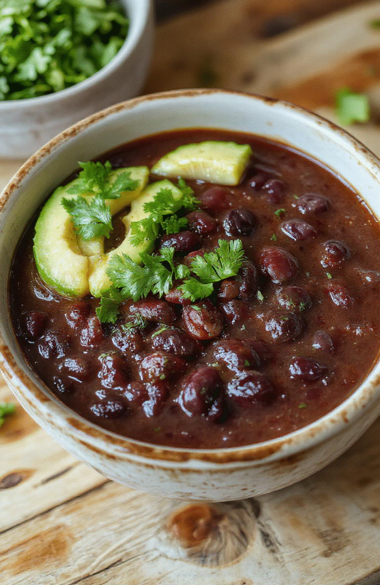 A vibrant bowl of black bean soup topped with fresh cilantro, diced avocado, and a squeeze of lime on a rustic wooden table. The soup has a rich, dark color with a slightly textured surface, garnished with chopped green onions. Side of crusty bread and a small dish of sour cream add to the inviting presentation. Natural daylight enhances the warm, comforting atmosphere.