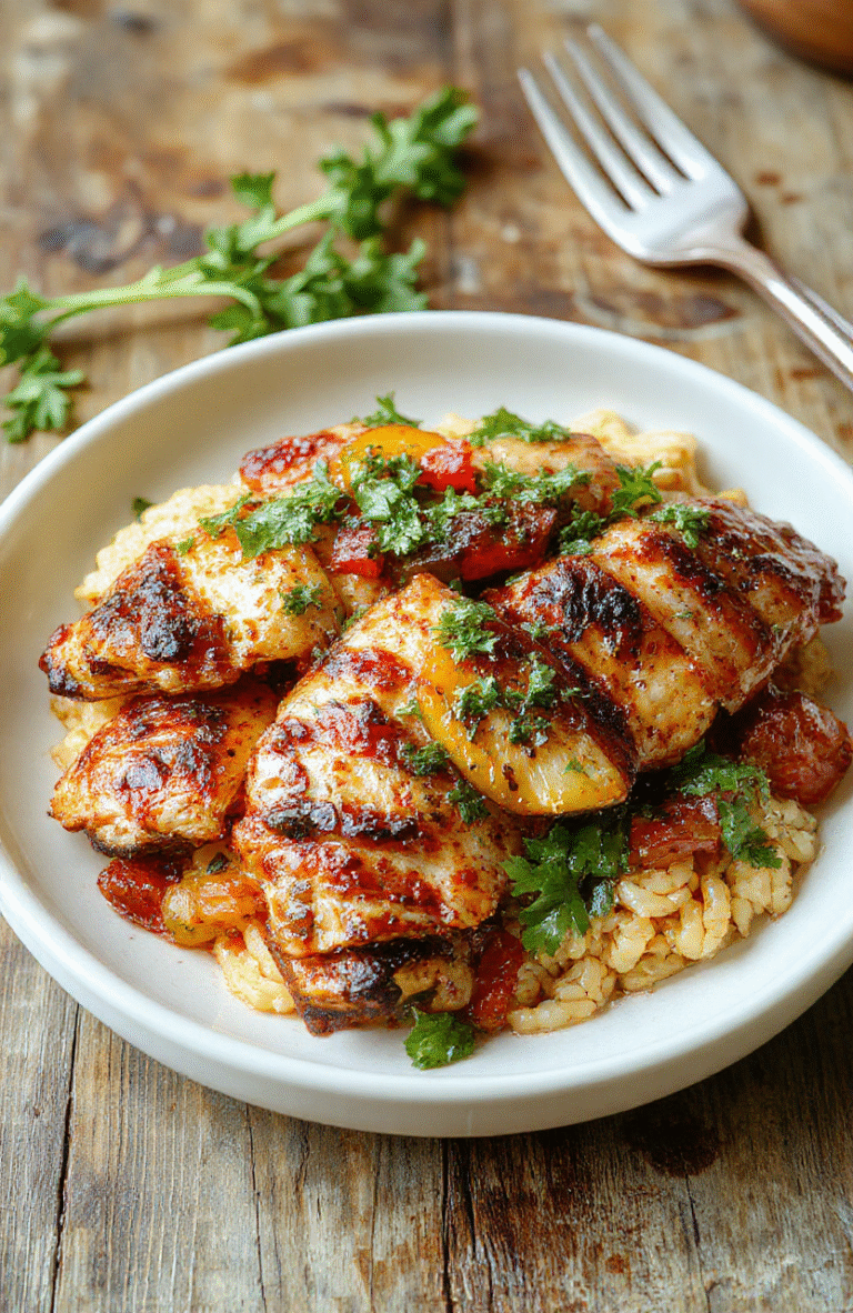 A colorful plate of Cajun chicken orzo featuring tender grilled chicken strips mixed with orzo pasta, vibrant bell peppers, and parsley, all coated in a spicy, flavorful Cajun sauce, served on a rustic wooden table with a hint of spices sprinkled on top, emphasizing textures and bold colors.