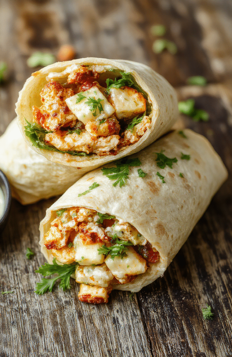 A colorful chicken caesar wrap sliced open to reveal crispy romaine lettuce, grilled chicken strips, and creamy caesar dressing all wrapped in a golden tortilla, styled on a rustic wooden surface with vibrant ingredients around.