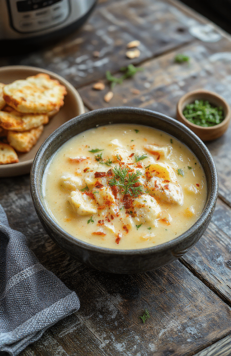 A warm bowl of creamy chicken pasta soup featuring tender pieces of chicken, al dente pasta, and a smooth, creamy broth, garnished with fresh herbs on a rustic wooden table.
