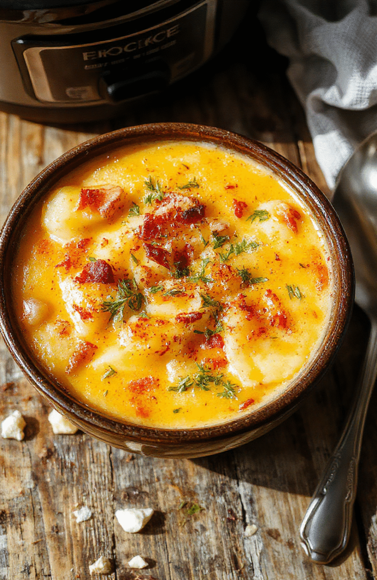 A creamy and hearty potato soup served in a white bowl, topped with chopped chives and shredded cheese. The soup has a smooth texture with chunks of tender potatoes. The bowl is placed on a rustic wooden table with a spoon beside it, surrounded by raw potatoes and fresh herbs, styled for a warm, inviting atmosphere.