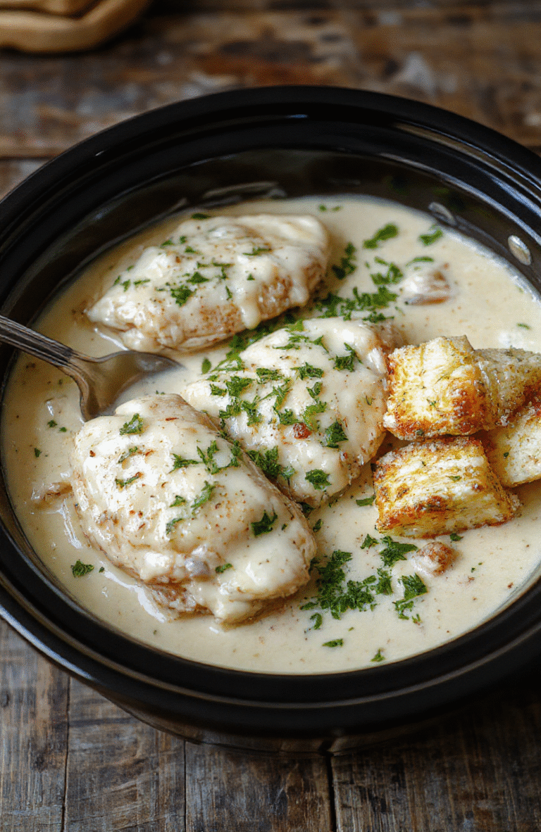 A creamy chicken Alfredo served on a white plate, garnished with fresh parsley, with tender shredded chicken and fettuccine strands coated in a rich, cheesy sauce, displayed against a rustic wooden background with a sprig of herbs for garnish.
