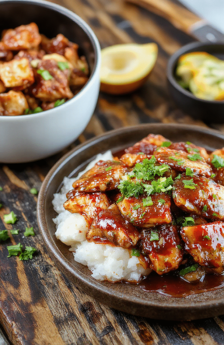 A glossy, golden-brown crockpot teriyaki chicken served on a white plate, garnished with sesame seeds and chopped green onions, with a side of steamed broccoli and jasmine rice, styled simply on a rustic wooden table with natural daylight.